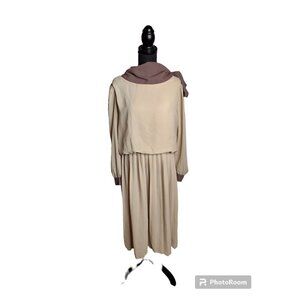 Vintage 1970s Brown and Tan Tie Collar Dress, Size M-L